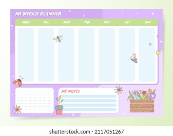 Vector weekly planner with cute butterfly and dragonfly and floral elements. Purple, green, blue colors. a lot different flowers.
