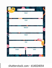 Vector weekly planner with cute jungle animals