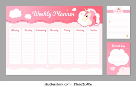 Vector weekly planner with cute unicorn. Template of to do list and notes. 
