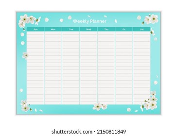 Vector weekly planner design template. Elegant cute blue spring flowers  organizer and notepad. Week calendar schedule printable to-do list.