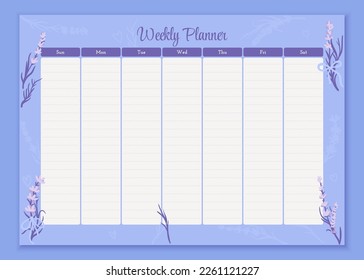 Vector weekly planner design template. Elegant cute lavender flowers organizer and notepad. Week calendar schedule printable to do list notes. Calendar reminder for study layout for 2023