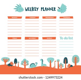 Vector weekly planner with dinosaurs, trees in cartoon style and cute elements. Schedule design template