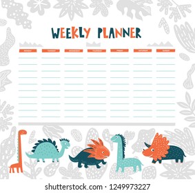 Vector weekly planner with dinosaurs, trees in cartoon style and cute elements. Schedule design template
