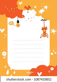 Vector weekly planner, To do list, invitation with cute animals and elements  decorated. Monkey, stars, moon, bird, flowers, hearts. Schedule design template. Cute frame, border