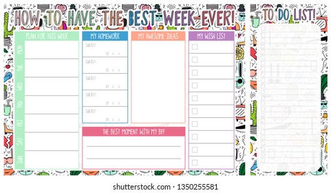 Vector weekly planner with To do list cute animals Doodles - Vector | schedule and organizer for companies and private use | Vector back to school weekly planner | To do list