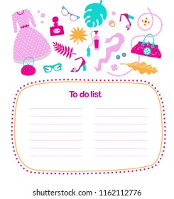Vector weekly planner with with fashion accessories. Dress, shoes, scarf, perfume, bag, beads, clips, glasses, ring. To do list. Fashion design elements. Schedule design template