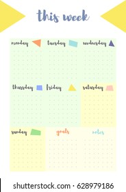 Vector Weekly planner with goals and notes. Vertical color blank form. Format A4