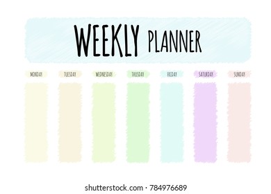 Vector weekly planner. Horizontal blank form. Format A4. Cute page for notes. Cute romantic planner page. Weekly Planner Template. Organizer and Schedule.