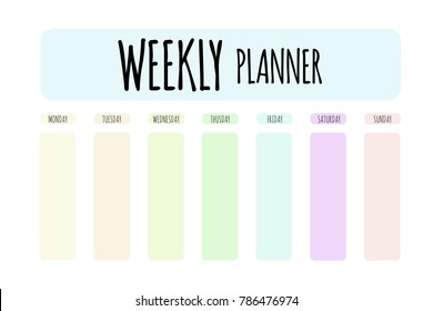 Vector weekly planner. Horizontal format. Format A4. Cute page for notes. Notebooks,decals, diary, school accessories. Cute romantic planner page. Weekly Planner Template. Organizer and Schedule.