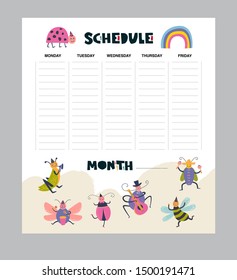 Vector weekly planner with insects in cartoon style and cute elements. Organizer and schedule design template for kids. Funny bugs party illustration. Colorful and isolated