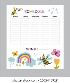 Vector weekly planner with insects in cartoon style and cute elements, flowers, trees. Organizer and schedule design template for kids. Funny bugs party illustration. 