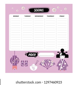 Vector weekly planner with japanese icons in cartoon style and cute elements, umbrella, carp, Kokeshi doll, fan. Schedule design template