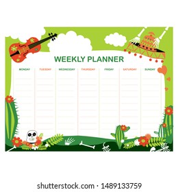 Vector weekly planner in Mexican style in honor of the feast of the dead. Sombrero, flowers, skull, cacti and violin. Schedule design template.