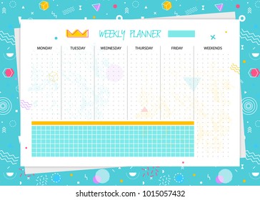 Vector weekly planner. Organizer and schedule template. Memphis style. eps