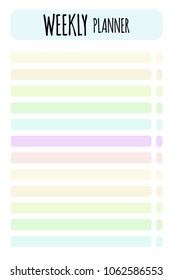 Vector weekly planner. Organizer and Schedule. Format A4. Cute page for notes. Notebooks, diary, school accessories. Cute romantic planner page. Weekly Planner Template. 