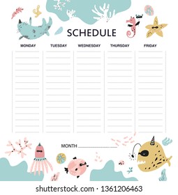 Vector weekly planner with sea, ocean animals in cartoon style and cute elements. Whale, jellyfish, starfish, fish. Schedule design template. 