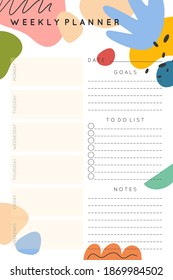 Vector weekly planner template with abstract hand drawn organic shapes and doodles.Organizer and schedule with place for notes,goals and to do list.Trendy childish style.Abstract modern design.