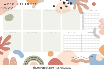 Vector weekly planner template with abstract shapes and doodles in neutral earthy tones.Organizer and schedule with place for notes,goals and to do list.Trendy childish style.Abstract modern design.