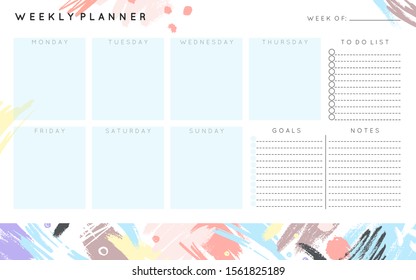 Vector weekly planner template with hand drawn shapes and textures in pastel colors.Organizer and schedule with place for notes,goals and to do list.Trendy minimalistic style.Abstract modern design.