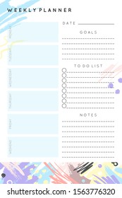 Vector weekly planner template with hand drawn shapes and textures in pastel colors.Organizer and schedule with place for notes,goals and to do list.Trendy minimalistic style.Abstract modern design.