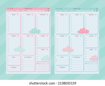 Vector weekly planner template with pastel colors. Organizer with place for, goals, progress and habits.	