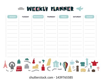 Vector weekly planner with Travel objects, symbols collection - Eiffel tower, palm tree, balloon, bus, plane, the castle, the bus, the Sphinx in paper cut style. Schedule design template