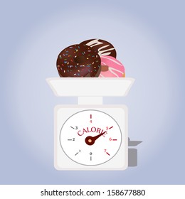 Vector of a Weighing Machine Measuring Calories. Balance with Chocolate Donuts 