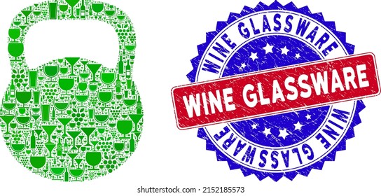 Vector weight icon wine collage and grunge bicolor Wine Glassware seal. Red and blue bicolored imprint with grunge surface and Wine Glassware tag. Weight collage icon designed with wine glasses,