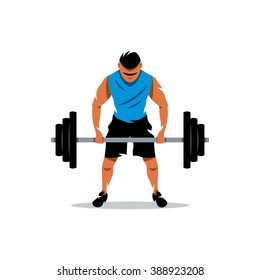 Vector Weightlifting Cartoon Illustration. The athlete lifts a heavy barbell. Branding Identity Corporate Logo isolated on a white background