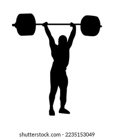 Vector weightlifting person silhouette shadow shape, flat black emblem isolated on white backround. Sportive competition logo design element. Sportsman lifting the barbell, sport game tournament.