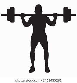 Vector weightlifting person silhouette shadow shape, flat black emblem isolated on white backround. Sportive competition logo design element. Sportsman lifting the barbell, sport game tournament.