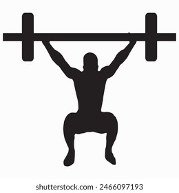 Vector weightlifting person silhouette shadow shape, flat black emblem isolated on white backround. Sportive competition logo design element. Sportsman lifting the barbell, sport game tournament.