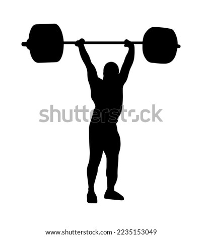Vector weightlifting person silhouette shadow shape, flat black emblem isolated on white backround. Sportive competition logo design element. Sportsman lifting the barbell, sport game tournament.