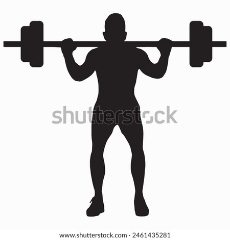 Vector weightlifting person silhouette shadow shape, flat black emblem isolated on white backround. Sportive competition logo design element. Sportsman lifting the barbell, sport game tournament.