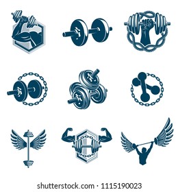 Vector weightlifting theme illustrations collection made using dumbbells, barbells and disc weights sport equipment. Strong man perfect body.