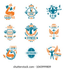 Vector weightlifting theme logotypes and inspirational leaflets collection made using dumbbells, barbells, disc weights sport equipment and strong man perfect body.