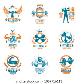 Vector weightlifting theme logotypes and inspirational leaflets collection made using dumbbells, barbells, disc weights sport equipment and strong man perfect body.