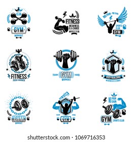 Vector weightlifting theme logotypes and inspirational leaflets collection made using dumbbells, barbells, disc weights sport equipment and strong man perfect body.