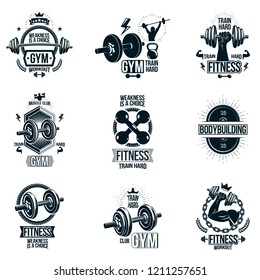 Vector weightlifting theme logotypes and inspirational leaflets collection made using dumbbells, barbells, disc weights sport equipment and strong man perfect body.