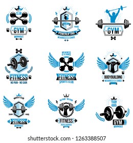 Vector weightlifting theme logotypes and inspirational leaflets collection made using dumbbells, barbells, disc weights sport equipment and strong man perfect body.