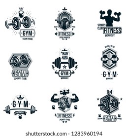 Vector weightlifting theme logotypes and inspirational leaflets collection made using dumbbells, barbells, disc weights sport equipment and strong man perfect body.