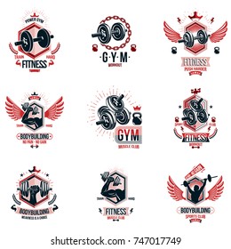 Vector weightlifting theme logotypes and inspirational leaflets collection made using dumbbells, barbells, disc weights sport equipment and strong man perfect body.