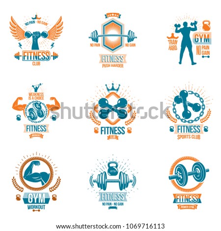 Vector weightlifting theme logotypes and inspirational leaflets collection made using dumbbells, barbells, disc weights sport equipment and strong man perfect body.