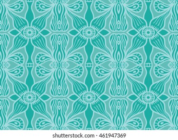 Vector weird strange unusual psychedelic seamless pattern. Eyes and wavy curvy lines and forms. Illustration for wrapping paper, textile, fabric, wallpaper. Blue, mint, turquoise color organic shapes.