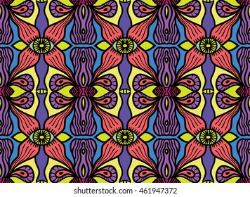 Vector weird strange unusual psychedelic seamless pattern. Eyes and wavy curvy lines and forms. Illustration for wrapping paper, textile, fabric, wallpaper. Purple orange, yellow, blue organic shapes.