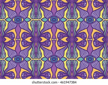 Vector weird strange unusual psychedelic seamless pattern. Eyes and wavy curvy lines and forms. Illustration for wrapping paper, textile, fabric, wallpaper. Purple (violet) yellow green organic shapes