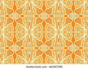 Vector weird strange unusual psychedelic seamless pattern. Eyes and wavy curvy lines and forms. Illustration for wrapping paper, textile, fabric, wallpaper. Yellow, orange organic shapes.