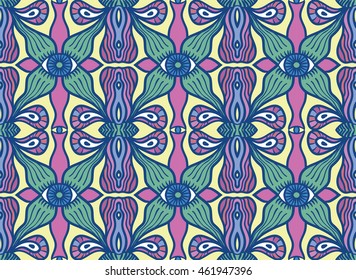 Vector weird strange unusual psychedelic seamless pattern. Eyes and wavy curvy lines and forms. Illustration for wrapping paper, textile, fabric, wallpaper. Pink, purple, green, blue organic shapes.
