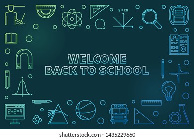 Vector Welcome Back to School concept horizontal colorful linear illustration or banner on dark background