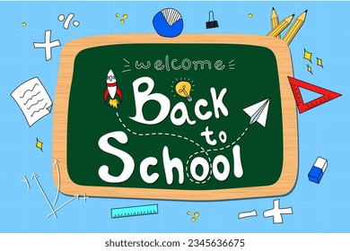 Vector welcome back to school on green board in classroom with teaching supplies